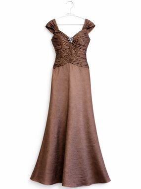 JOVANI Bronze Sweetheart Ruched Cap Sleeve Taffeta Gown w Broach - Size 10 EUC